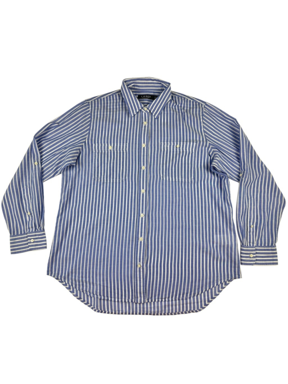 Lauren Ralph Lauren Shirt Womens XL Blue White Striped Button Up Roll Tab Blouse - Picture 2 of 9